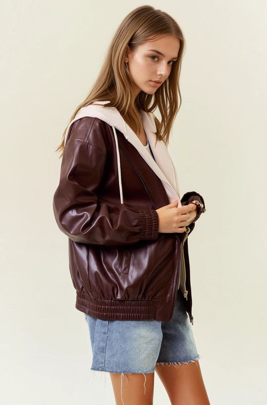 Vegan Leather Hooded Jacket W/ Welt Pocket-Jackets-Krush Kandy, Women's Online Fashion Boutique Located in Phoenix, Arizona (Scottsdale Area)