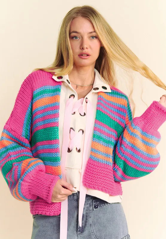Contrast Striped Open Front Long Sleeve Cardigan-Cardigans-Krush Kandy, Women's Online Fashion Boutique Located in Phoenix, Arizona (Scottsdale Area)