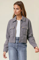 Collared Neck Long Sleeve Zip Jacket with Patch Pockets-Jackets-Krush Kandy, Women's Online Fashion Boutique Located in Phoenix, Arizona (Scottsdale Area)