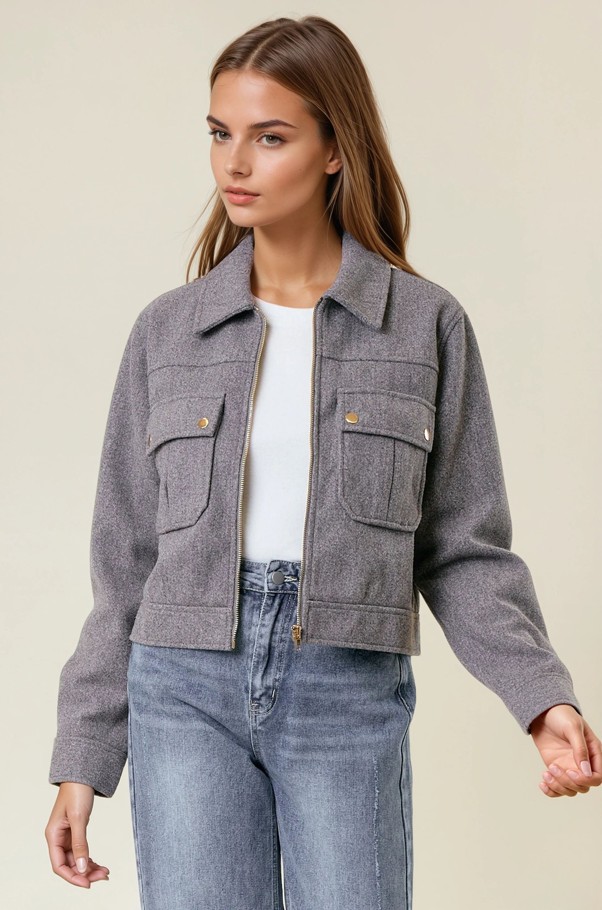 Collared Neck Long Sleeve Zip Jacket with Patch Pockets-Jackets-Krush Kandy, Women's Online Fashion Boutique Located in Phoenix, Arizona (Scottsdale Area)