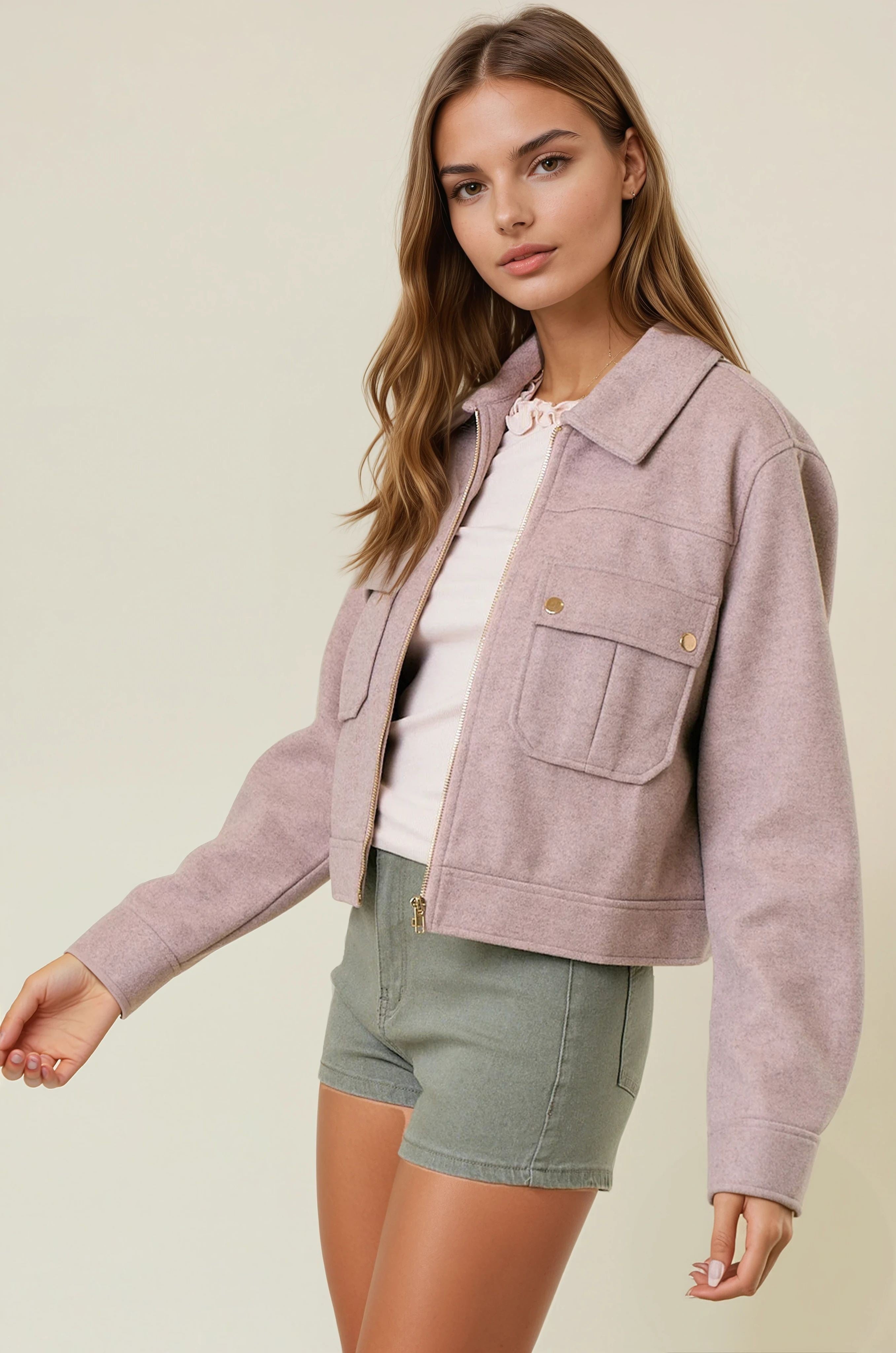 Collared Neck Long Sleeve Zip Jacket with Patch Pockets-Jackets-Krush Kandy, Women's Online Fashion Boutique Located in Phoenix, Arizona (Scottsdale Area)
