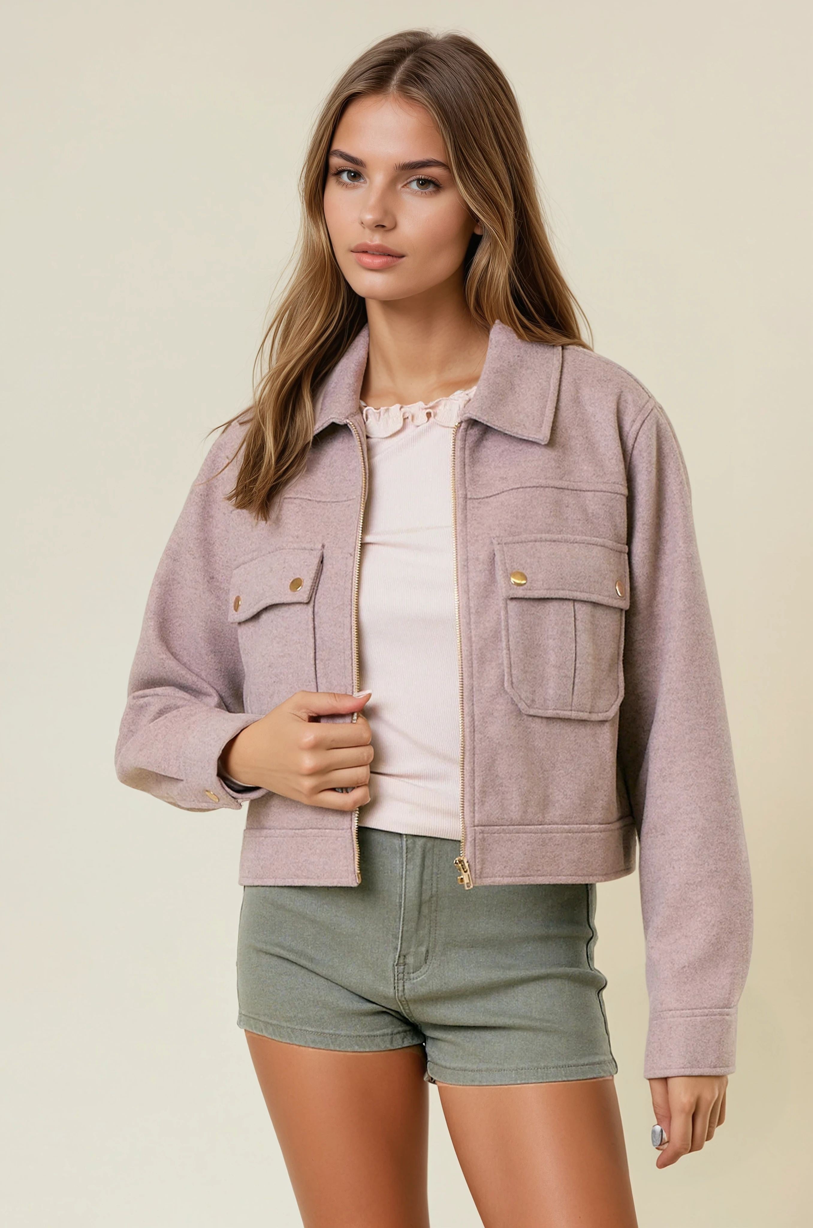 Collared Neck Long Sleeve Zip Jacket with Patch Pockets-Jackets-Krush Kandy, Women's Online Fashion Boutique Located in Phoenix, Arizona (Scottsdale Area)