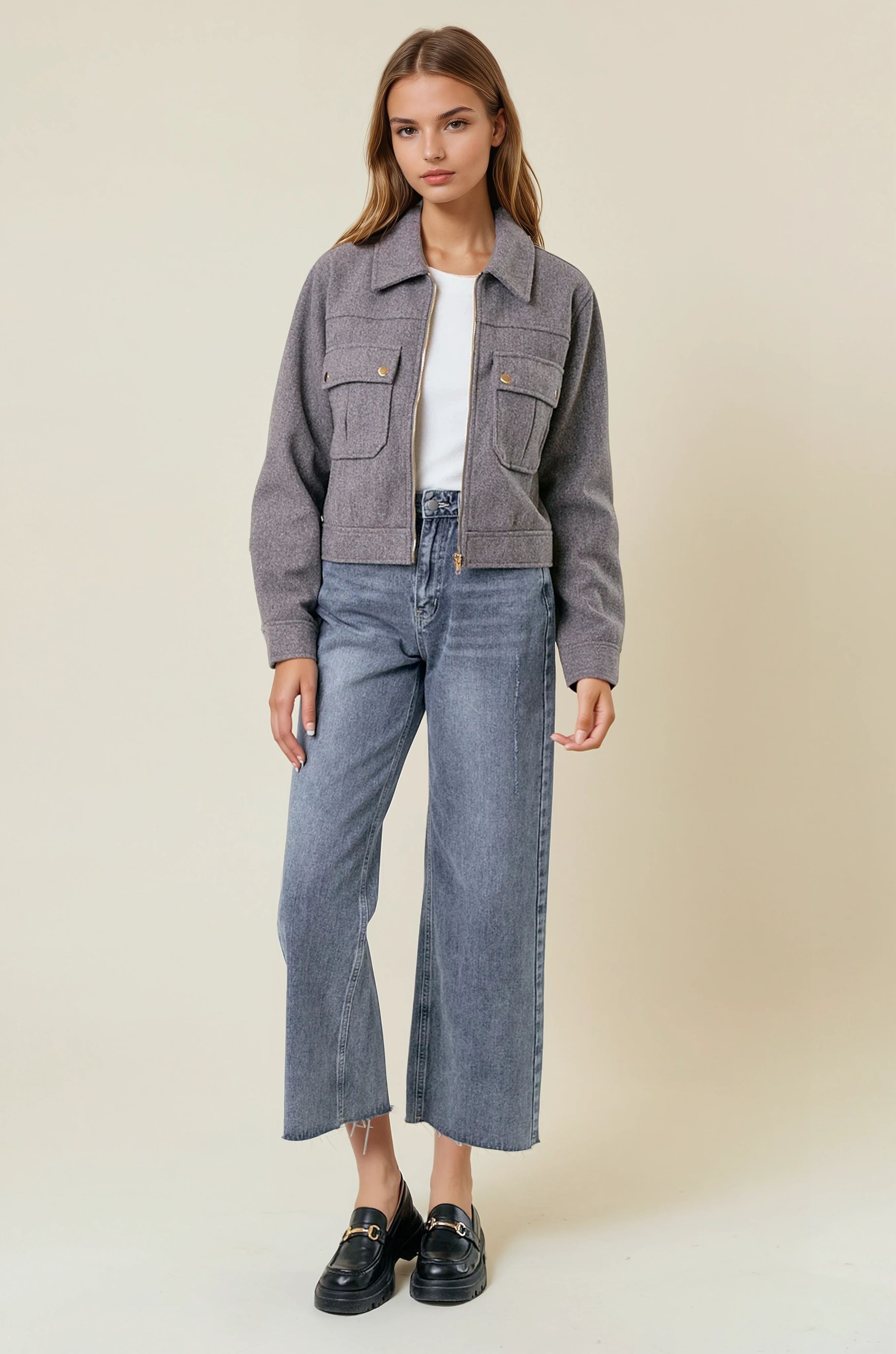 Collared Neck Long Sleeve Zip Jacket with Patch Pockets-Jackets-Krush Kandy, Women's Online Fashion Boutique Located in Phoenix, Arizona (Scottsdale Area)