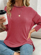 Side Slit Round Neck Dropped Shoulder Sweatshirt-Sweaters-Krush Kandy, Women's Online Fashion Boutique Located in Phoenix, Arizona (Scottsdale Area)