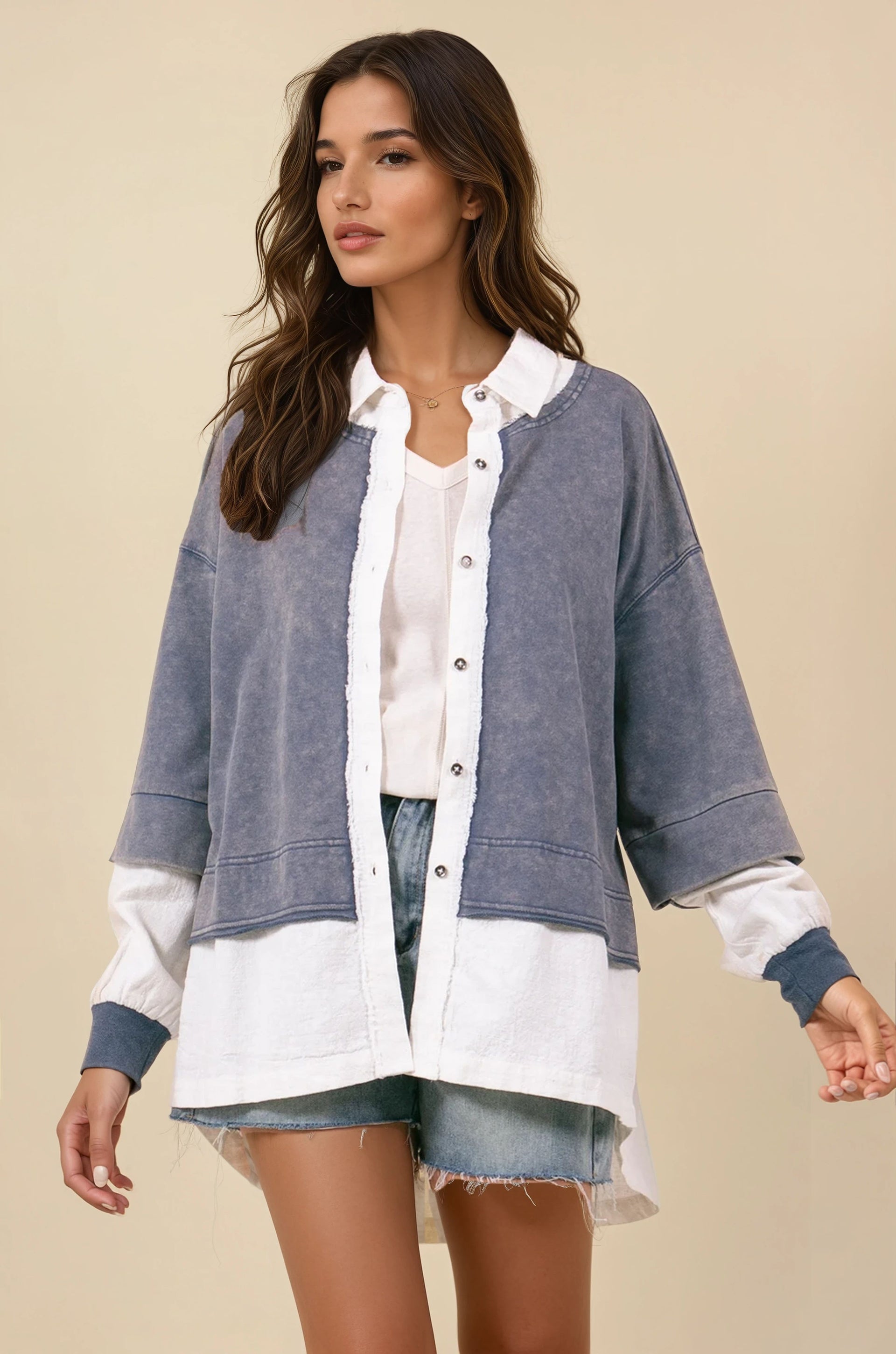 Contrast Bottom & Sleeve Layered Collared French Terry Cardigan Jacket-Jackets-Krush Kandy, Women's Online Fashion Boutique Located in Phoenix, Arizona (Scottsdale Area)