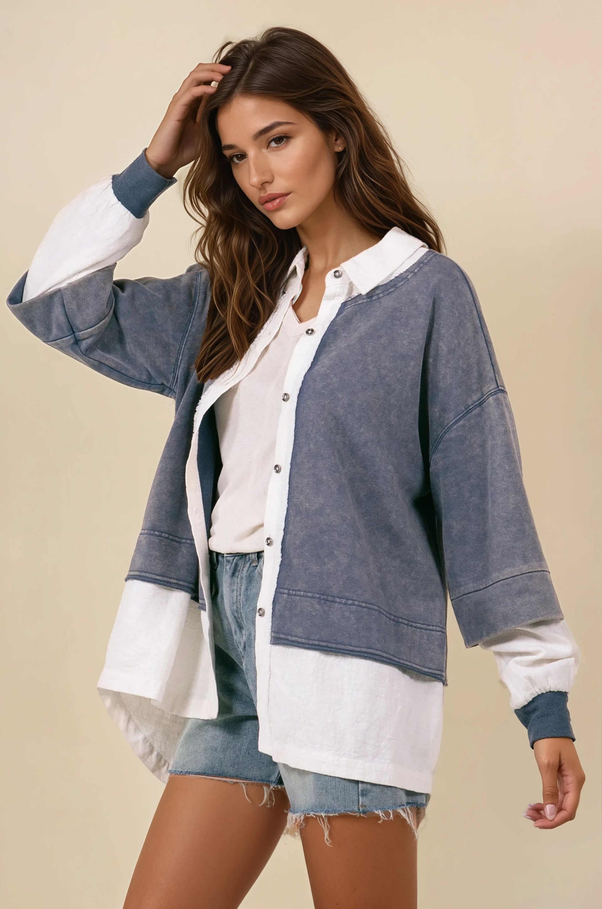 Contrast Bottom & Sleeve Layered Collared French Terry Cardigan Jacket-Jackets-Krush Kandy, Women's Online Fashion Boutique Located in Phoenix, Arizona (Scottsdale Area)