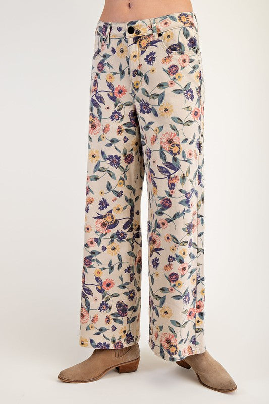 WASHED FLORAL PRINT DENIM TWILL PANTS-Krush Kandy, Women's Online Fashion Boutique Located in Phoenix, Arizona (Scottsdale Area)