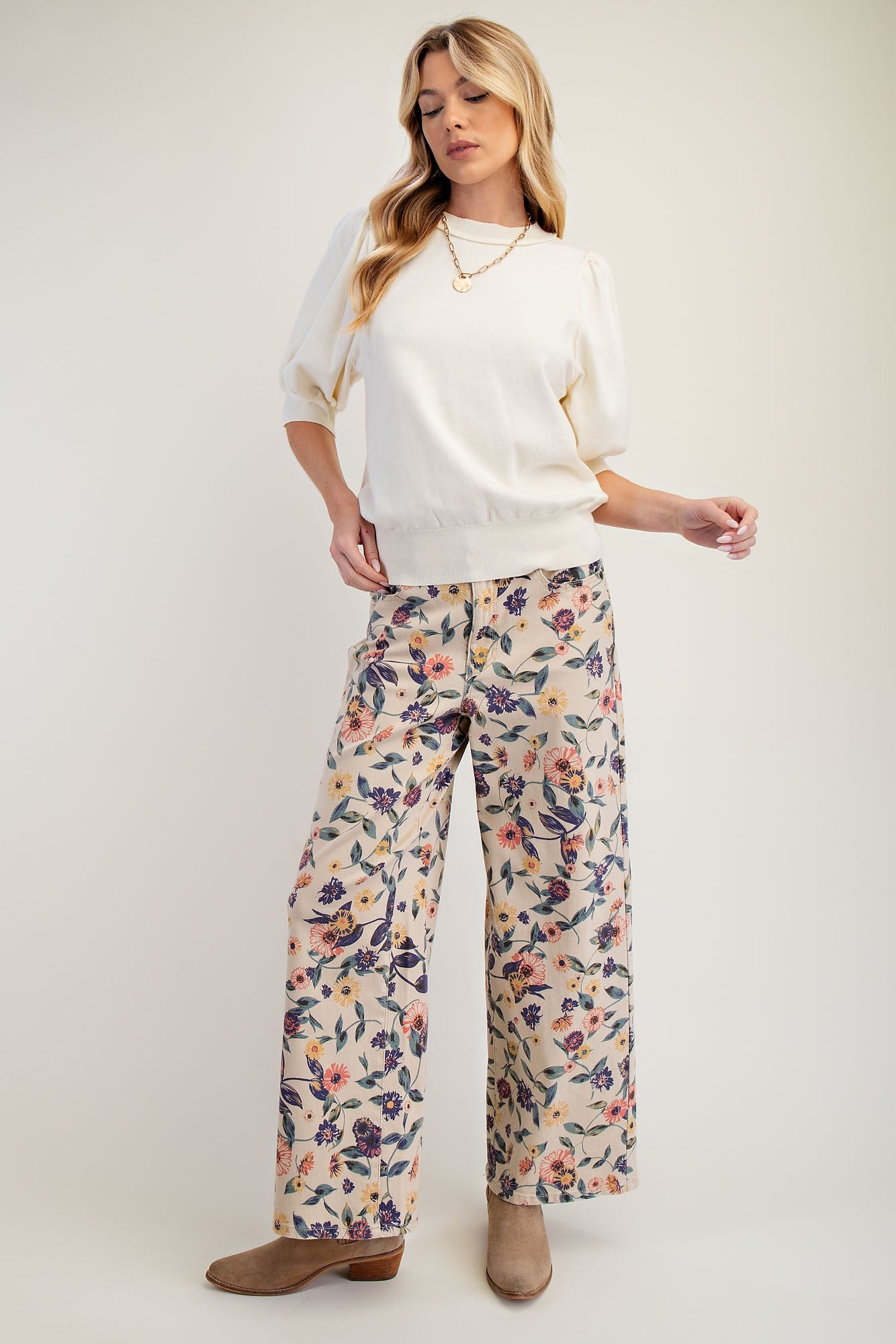 WASHED FLORAL PRINT DENIM TWILL PANTS-Krush Kandy, Women's Online Fashion Boutique Located in Phoenix, Arizona (Scottsdale Area)