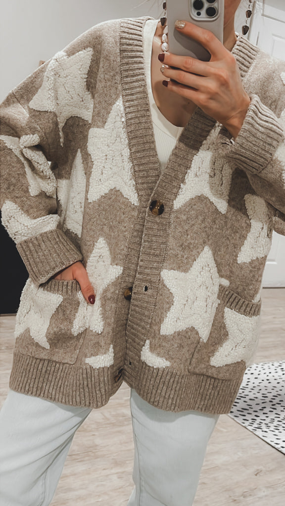 Starry Comfort: Sherpa Accent Star Oversized Cardigan-Cardigans-Krush Kandy, Women's Online Fashion Boutique Located in Phoenix, Arizona (Scottsdale Area)