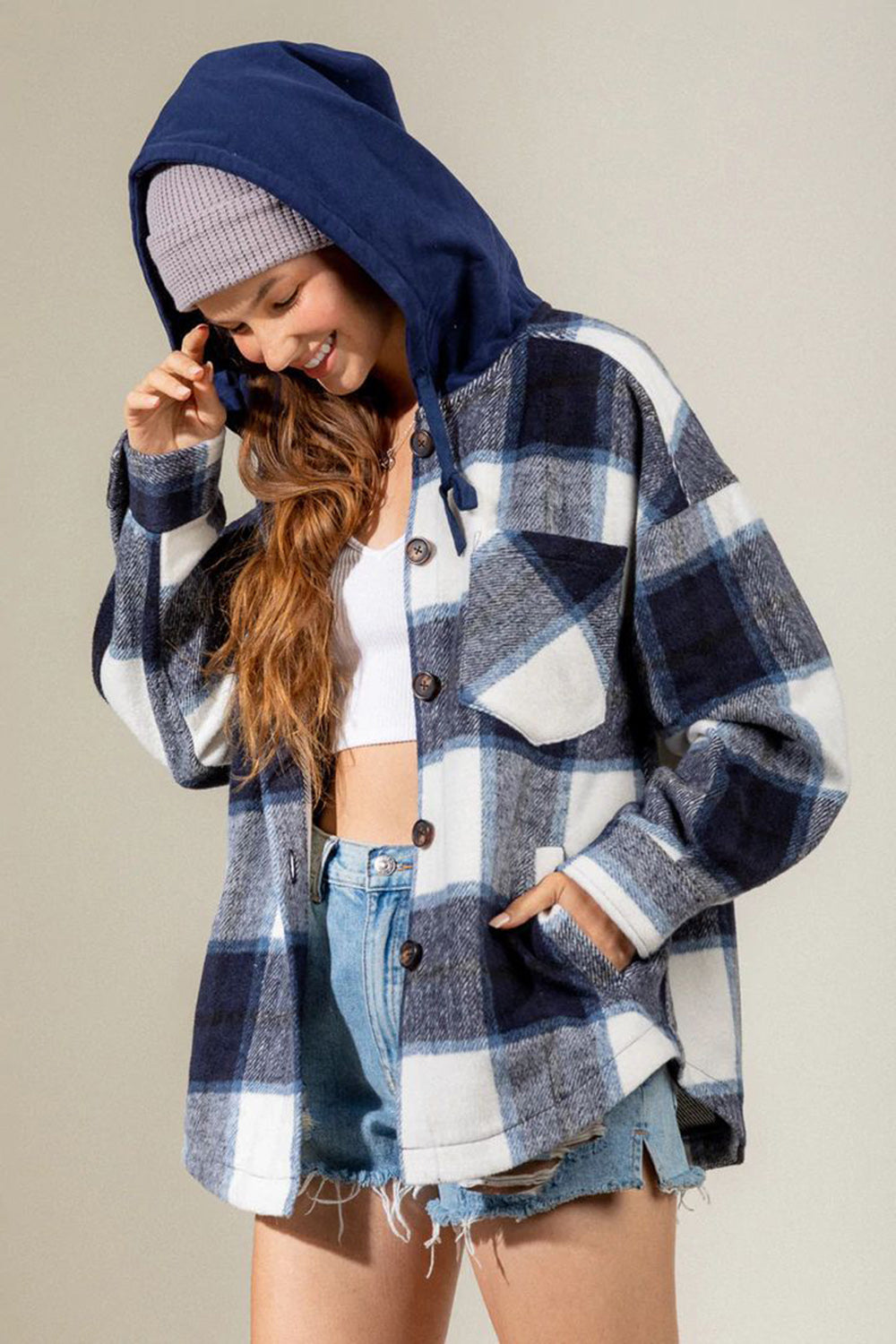 Drawstring Plaid Dropped Shoulder Hooded Shacket-Krush Kandy, Women's Online Fashion Boutique Located in Phoenix, Arizona (Scottsdale Area)