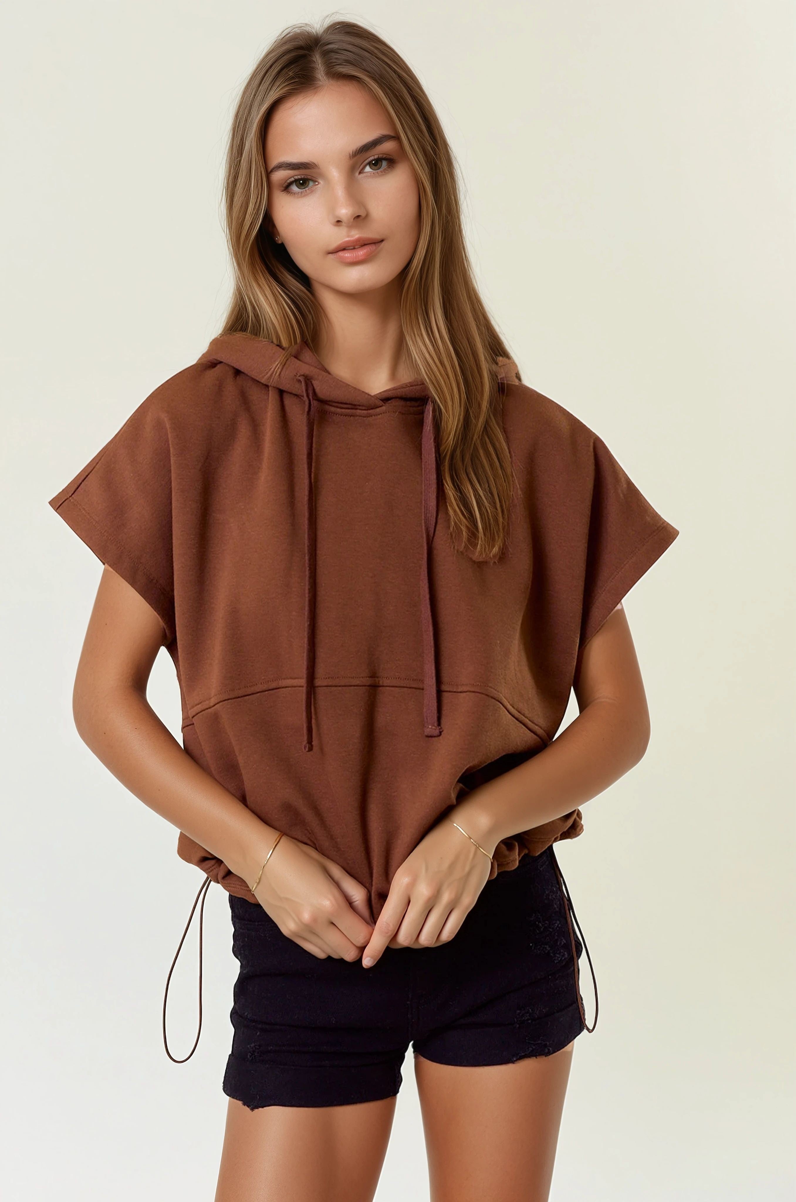 Fleece Drawstring Bottom Sleeveless Oversized Crop Hoodie-Tops-Krush Kandy, Women's Online Fashion Boutique Located in Phoenix, Arizona (Scottsdale Area)