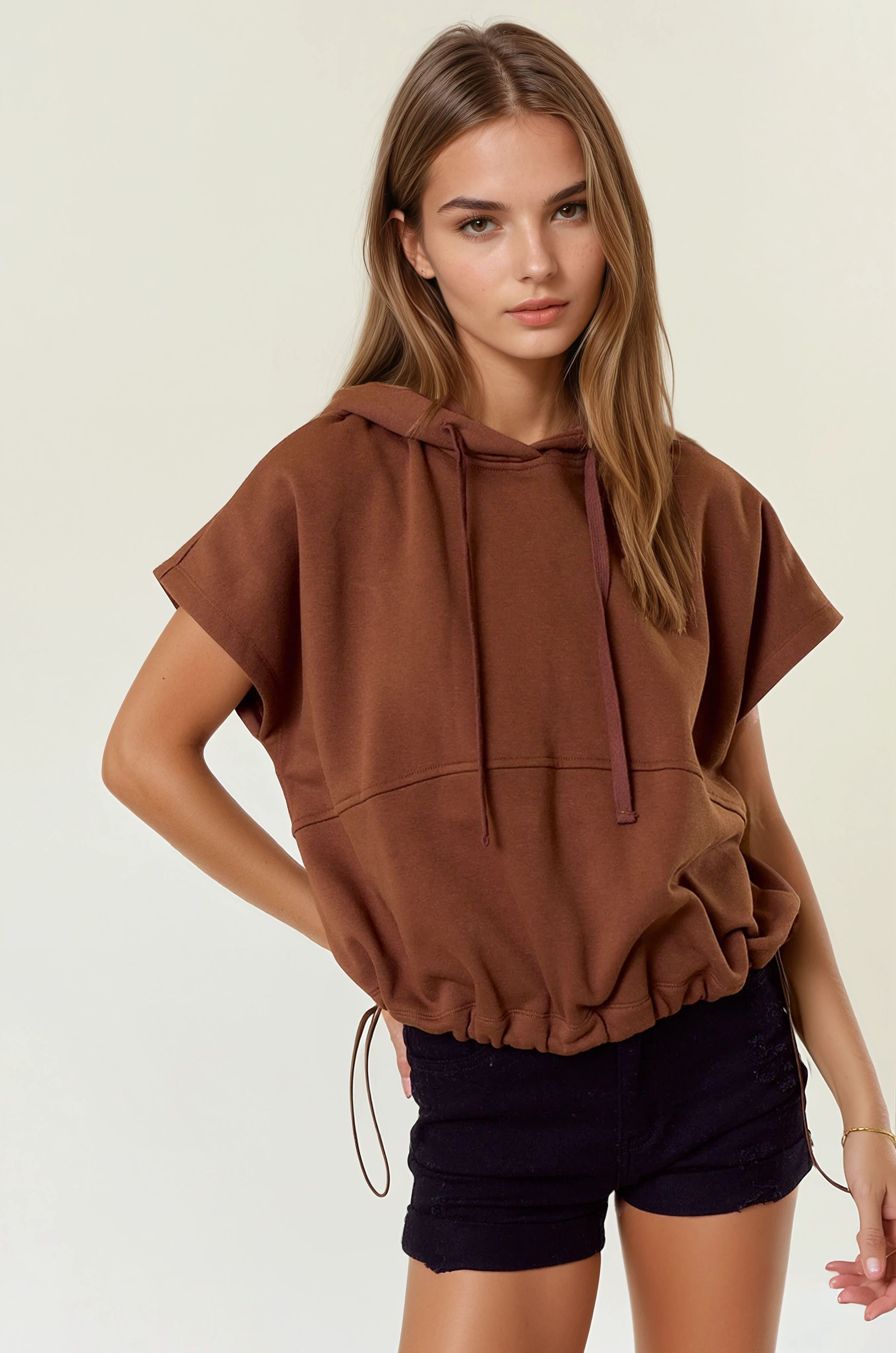 Fleece Drawstring Bottom Sleeveless Oversized Crop Hoodie-Tops-Krush Kandy, Women's Online Fashion Boutique Located in Phoenix, Arizona (Scottsdale Area)