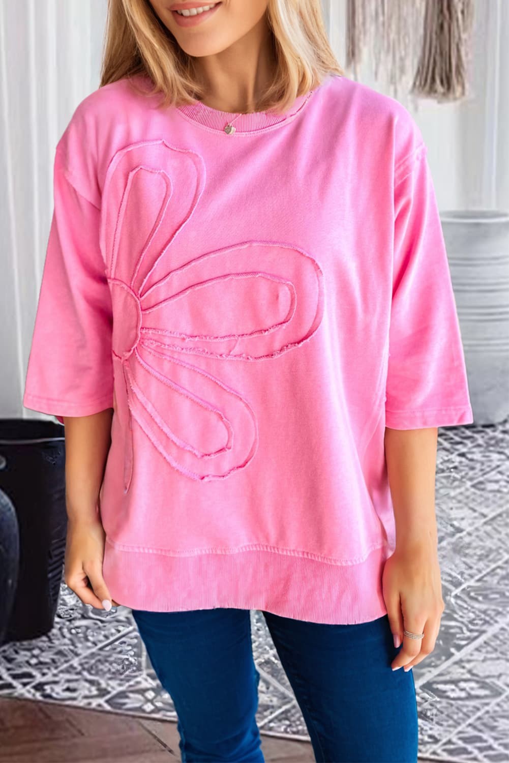 Pink Daisy Applique Sweatshirt-Tops-Krush Kandy, Women's Online Fashion Boutique Located in Phoenix, Arizona (Scottsdale Area)
