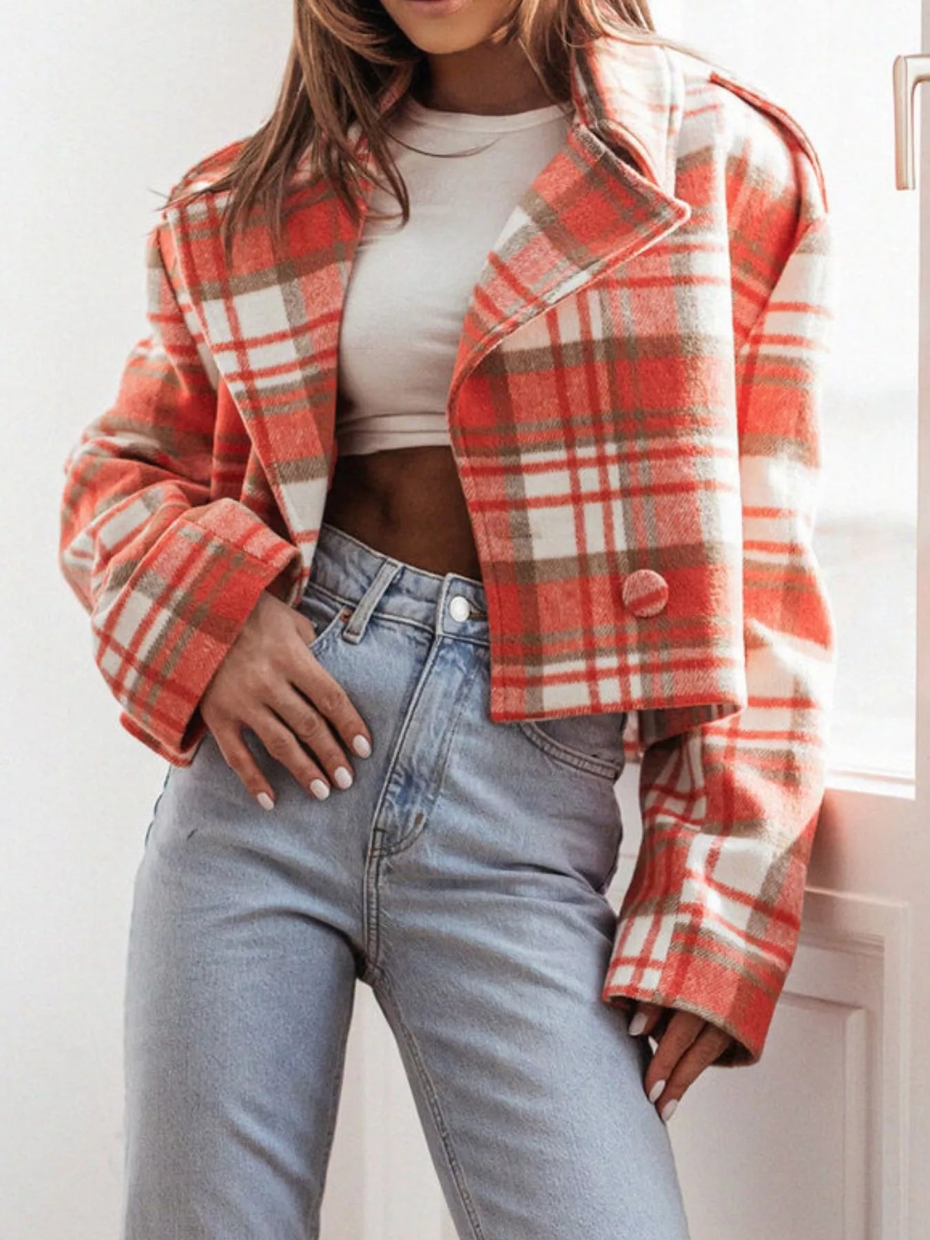 Plaid Lapel Collar Cropped Outerwear-Jackets-Krush Kandy, Women's Online Fashion Boutique Located in Phoenix, Arizona (Scottsdale Area)