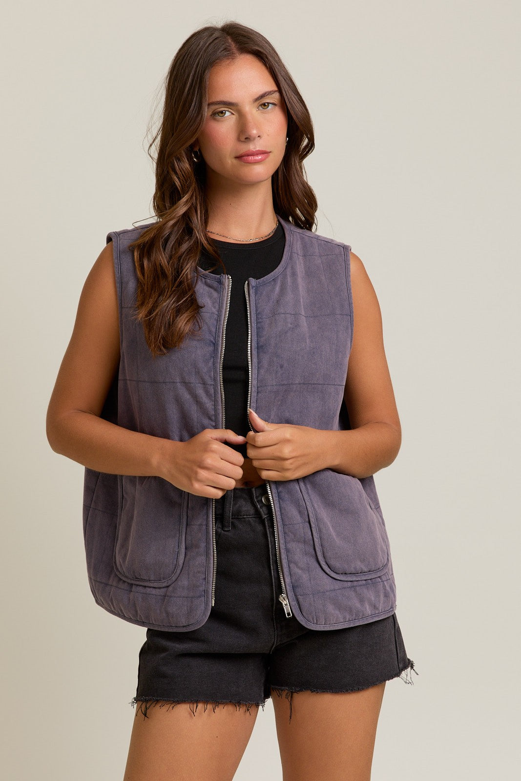 Stone-Washed Cotton Zip Vest-Vests-Krush Kandy, Women's Online Fashion Boutique Located in Phoenix, Arizona (Scottsdale Area)