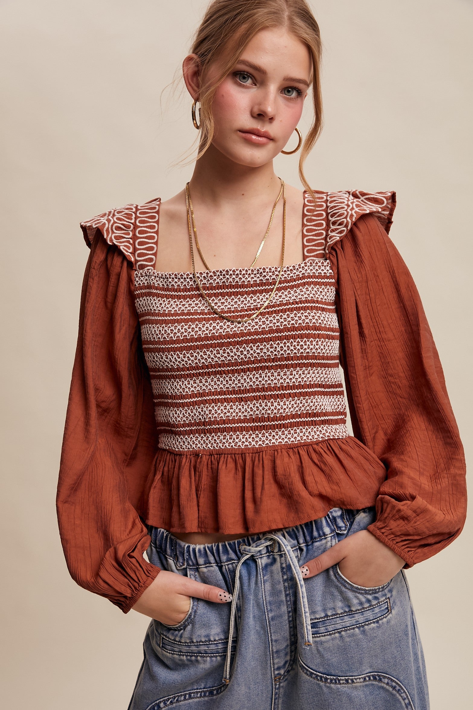 Contrast Stitch Smocked Square Neck Top-Tops-Krush Kandy, Women's Online Fashion Boutique Located in Phoenix, Arizona (Scottsdale Area)