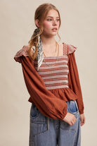 Contrast Stitch Smocked Square Neck Top-Tops-Krush Kandy, Women's Online Fashion Boutique Located in Phoenix, Arizona (Scottsdale Area)