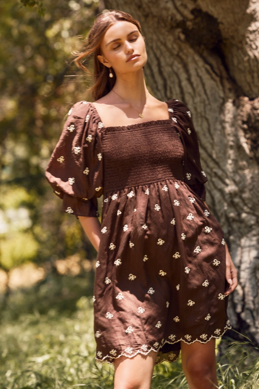 Brown Embroidered Bow Babydoll Dress S-3X-Dresses-Krush Kandy, Women's Online Fashion Boutique Located in Phoenix, Arizona (Scottsdale Area)