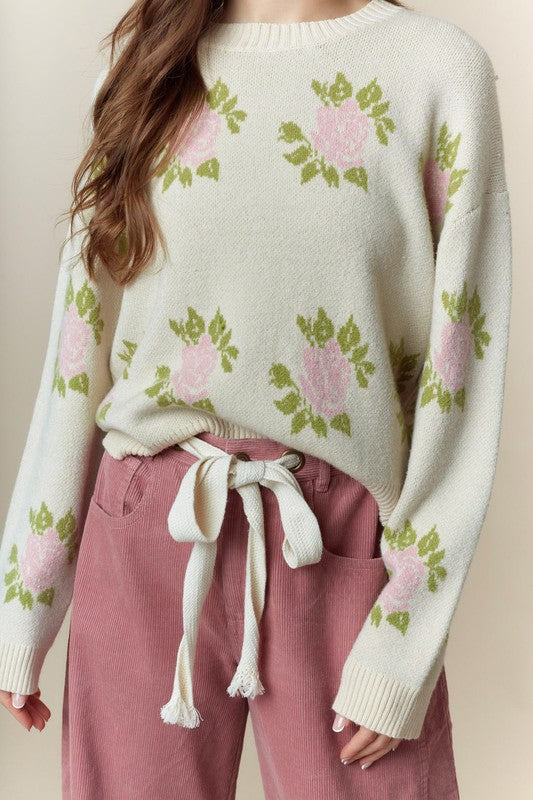 Big Roses Jacquard Sweater Top-Sweater-Krush Kandy, Women's Online Fashion Boutique Located in Phoenix, Arizona (Scottsdale Area)