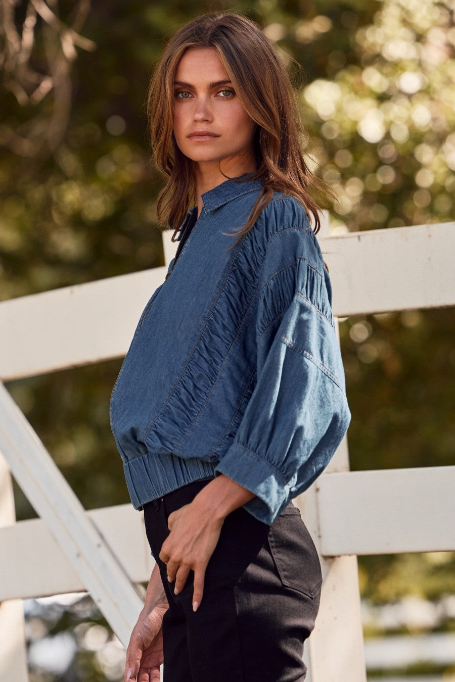 Lightweight Denim Zip-Up Jacket with Ruched Detail-Jackets-Krush Kandy, Women's Online Fashion Boutique Located in Phoenix, Arizona (Scottsdale Area)