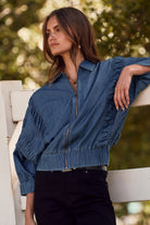 Lightweight Denim Zip-Up Jacket with Ruched Detail-Jackets-Krush Kandy, Women's Online Fashion Boutique Located in Phoenix, Arizona (Scottsdale Area)