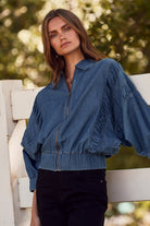 Lightweight Denim Zip-Up Jacket with Ruched Detail-Jackets-Krush Kandy, Women's Online Fashion Boutique Located in Phoenix, Arizona (Scottsdale Area)