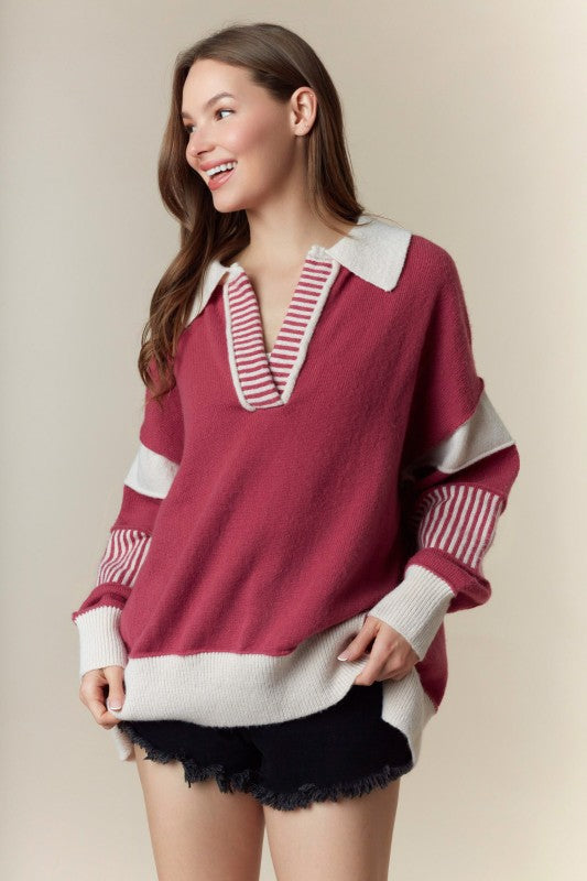Color Contrast Split Neck Oversized Sweater-Sweaters-Krush Kandy, Women's Online Fashion Boutique Located in Phoenix, Arizona (Scottsdale Area)