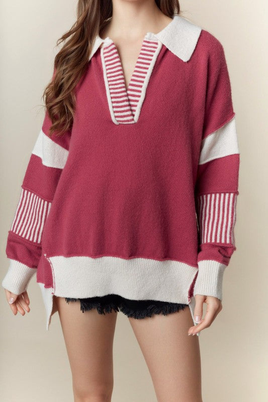 Color Contrast Split Neck Oversized Sweater-Sweaters-Krush Kandy, Women's Online Fashion Boutique Located in Phoenix, Arizona (Scottsdale Area)