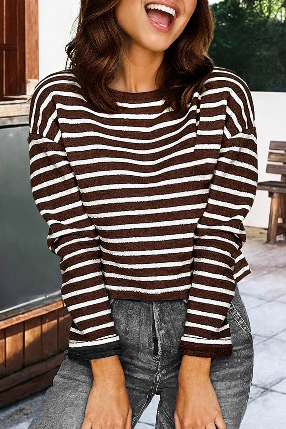 Cocoa Stripe Long Sleeve Tee-Tops-Krush Kandy, Women's Online Fashion Boutique Located in Phoenix, Arizona (Scottsdale Area)