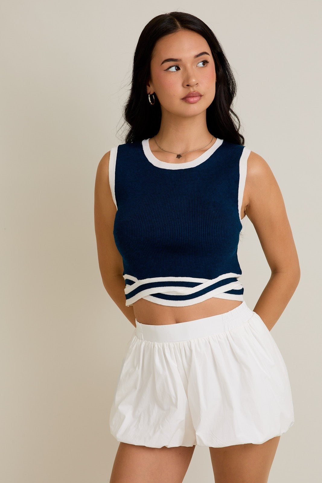 Navy Wave-Trim Cropped Knit Top-Tanks-Krush Kandy, Women's Online Fashion Boutique Located in Phoenix, Arizona (Scottsdale Area)