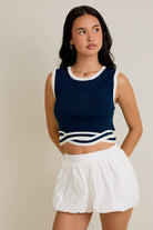 Navy Wave-Trim Cropped Knit Top-Tanks-Krush Kandy, Women's Online Fashion Boutique Located in Phoenix, Arizona (Scottsdale Area)
