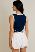 Navy Wave-Trim Cropped Knit Top-Tanks-Krush Kandy, Women's Online Fashion Boutique Located in Phoenix, Arizona (Scottsdale Area)