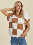 Double Take Full Size Checkered Round Neck Short Sleeve Sweater-Krush Kandy, Women's Online Fashion Boutique Located in Phoenix, Arizona (Scottsdale Area)