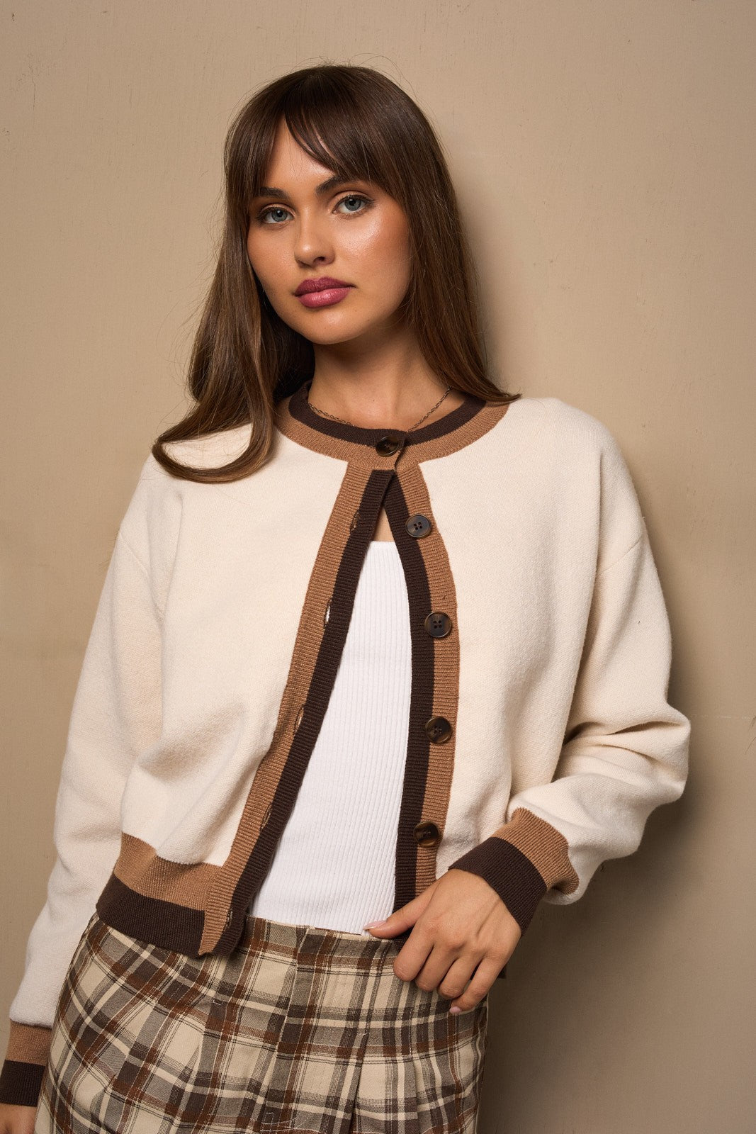 Caramel Trim Cream Cardigan-Cardigans-Krush Kandy, Women's Online Fashion Boutique Located in Phoenix, Arizona (Scottsdale Area)