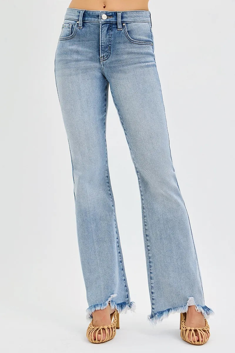 RISEN Full Size Tummy Control Mid Rise Flare Jeans with Fray Hem Detailed Plus Size-Jeans-Krush Kandy, Women's Online Fashion Boutique Located in Phoenix, Arizona (Scottsdale Area)