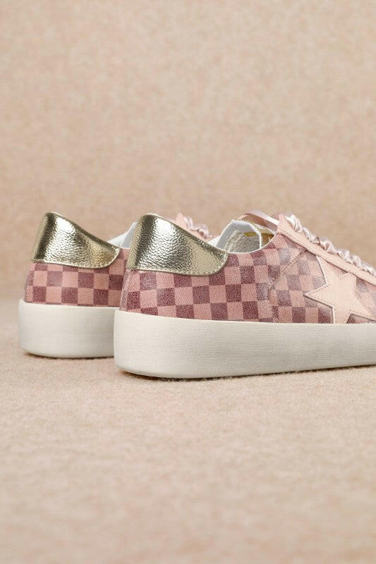 Alex - Star Lace-up Checkered Sneakers With Gold Contrast-Shoes-Krush Kandy, Women's Online Fashion Boutique Located in Phoenix, Arizona (Scottsdale Area)
