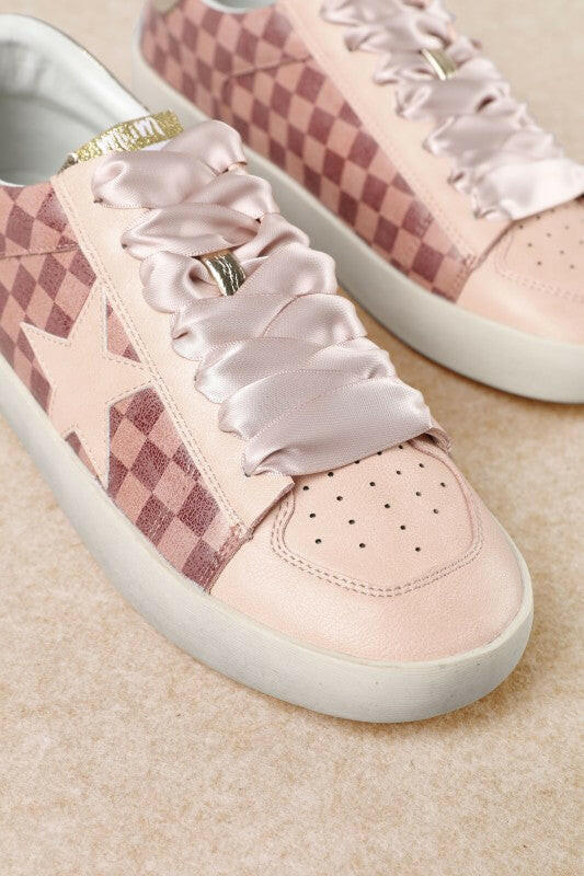 Alex - Star Lace-up Checkered Sneakers With Gold Contrast-Shoes-Krush Kandy, Women's Online Fashion Boutique Located in Phoenix, Arizona (Scottsdale Area)