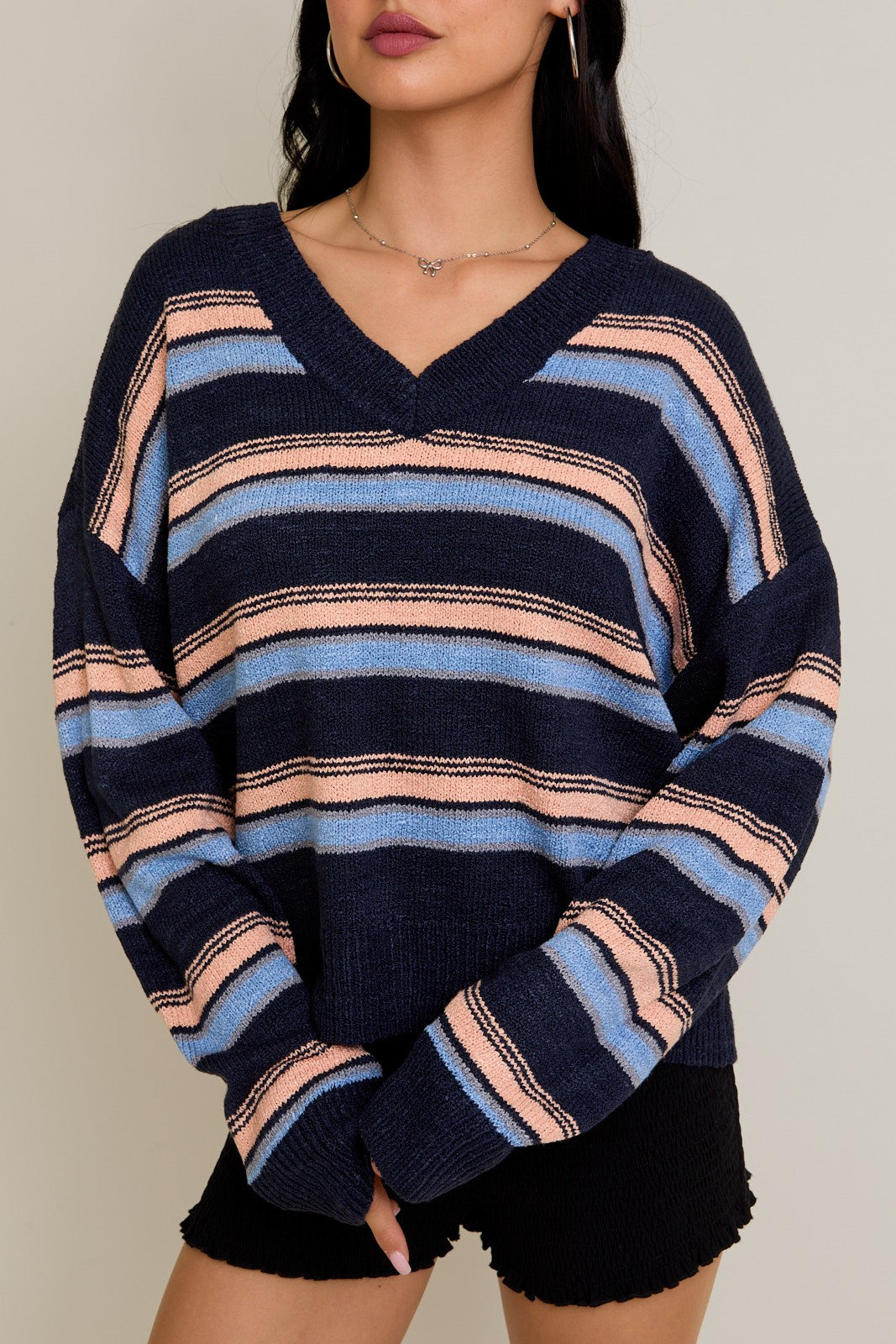 Coastal Breeze Striped Knit Sweater | Navy Peach Blue Pullover