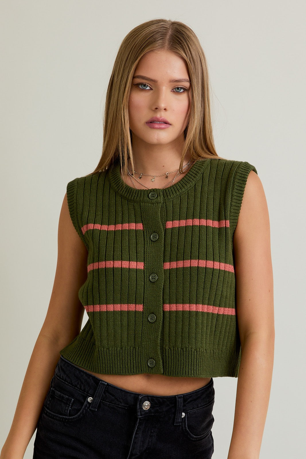 Olive & Rose Striped Sweater Vest-Sweater-Krush Kandy, Women's Online Fashion Boutique Located in Phoenix, Arizona (Scottsdale Area)