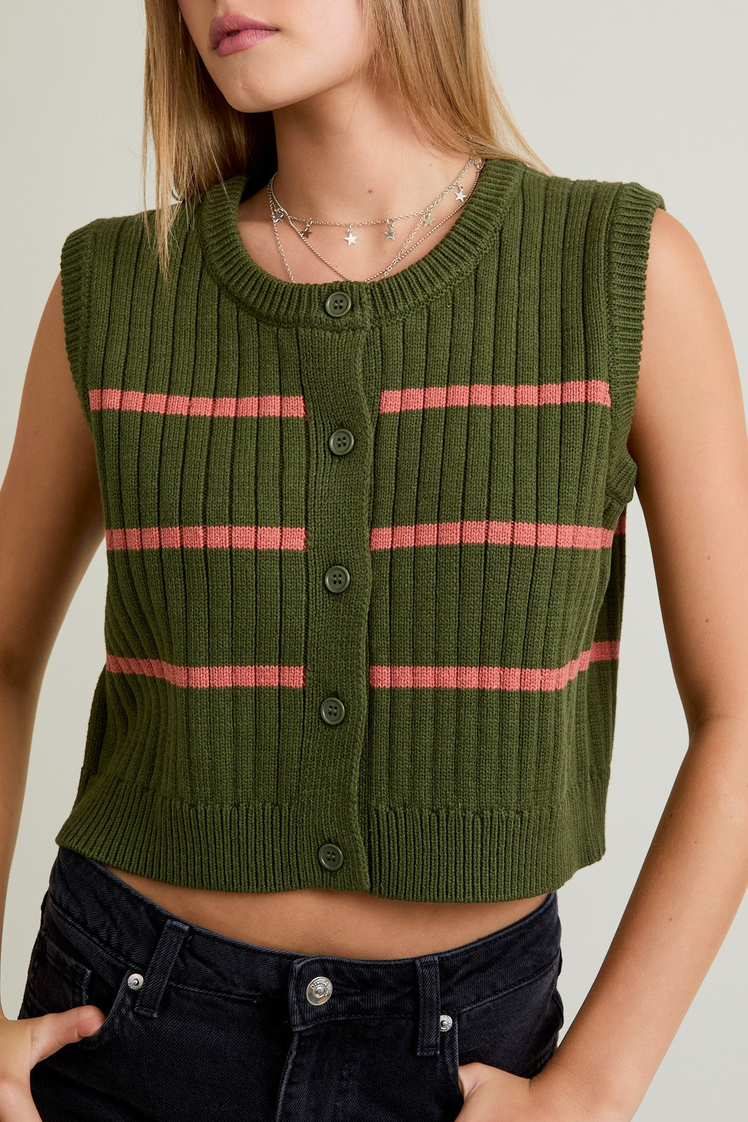 Olive & Rose Striped Sweater Vest-Sweater-Krush Kandy, Women's Online Fashion Boutique Located in Phoenix, Arizona (Scottsdale Area)
