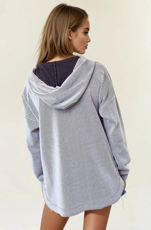 Stripe V-neckline Long Sleeve Hooded Sweatshirt-Sweatshirt-Krush Kandy, Women's Online Fashion Boutique Located in Phoenix, Arizona (Scottsdale Area)