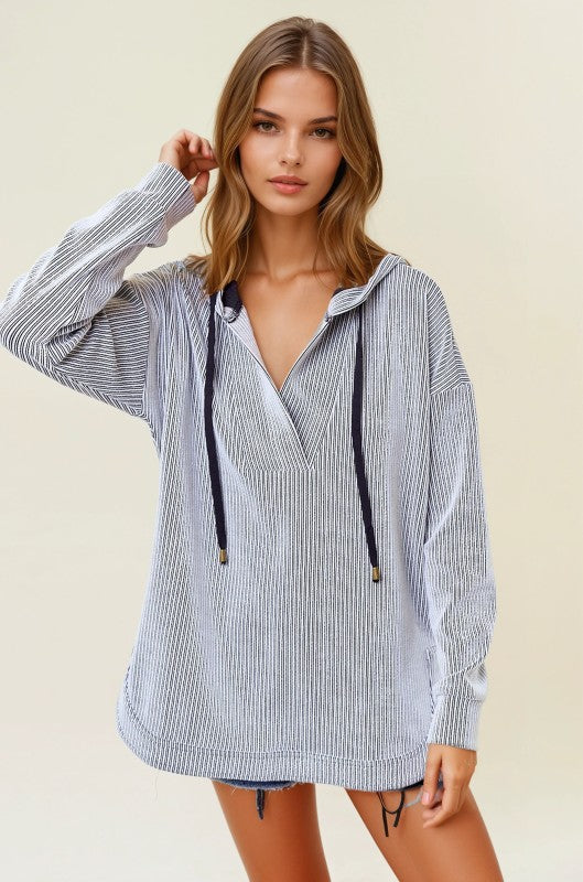 Stripe V-neckline Long Sleeve Hooded Sweatshirt-Sweatshirt-Krush Kandy, Women's Online Fashion Boutique Located in Phoenix, Arizona (Scottsdale Area)