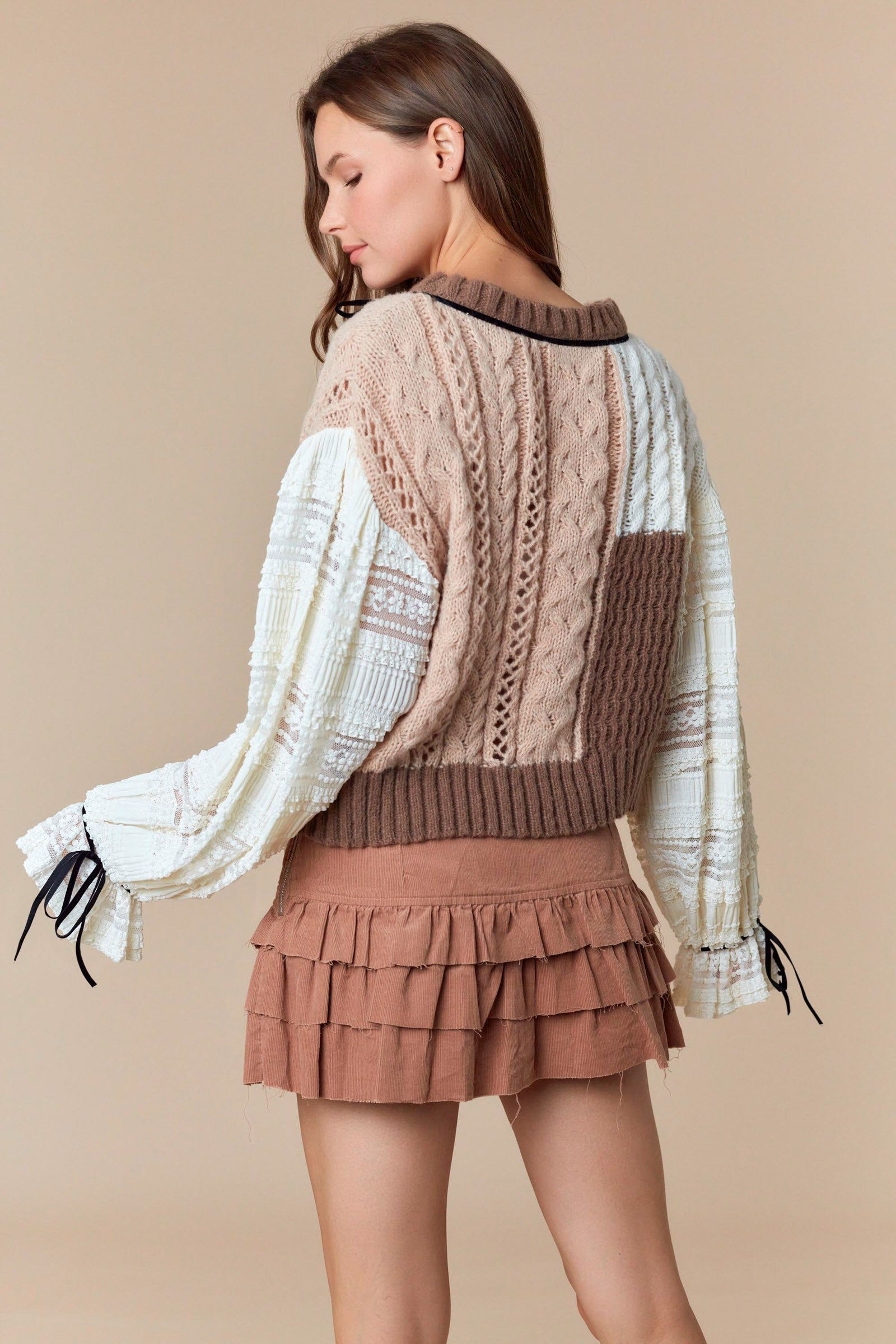 Chunky Knit Sweater with Contrasting Textured Sleeves-Sweaters-Krush Kandy, Women's Online Fashion Boutique Located in Phoenix, Arizona (Scottsdale Area)