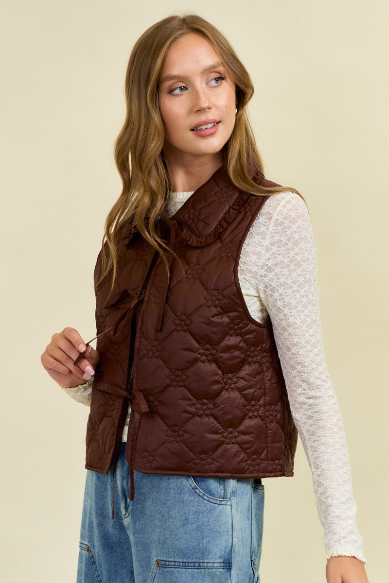 Ruffled Oversized Collar Quilted Tie-Front Vest – Feminine