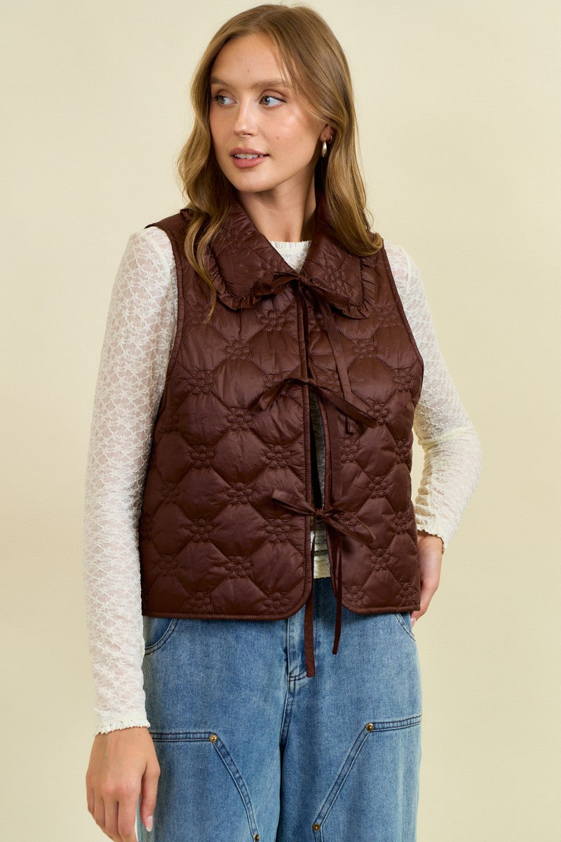 Ruffled Oversized Collar Quilted Tie-Front Vest-Vests-Krush Kandy, Women's Online Fashion Boutique Located in Phoenix, Arizona (Scottsdale Area)