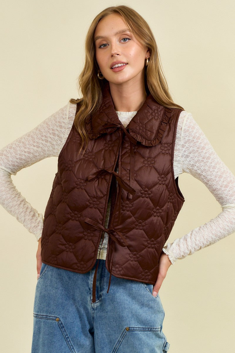 Ruffled Oversized Collar Quilted Tie-Front Vest-Vests-Krush Kandy, Women's Online Fashion Boutique Located in Phoenix, Arizona (Scottsdale Area)