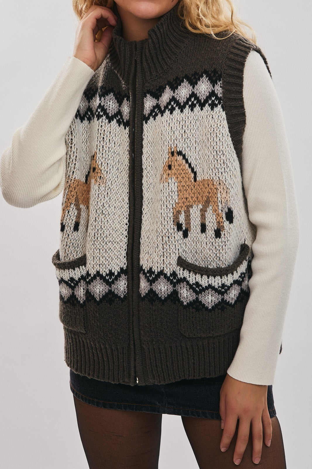 Frontier Charm Horse Knit Zip Vest-Vests-Krush Kandy, Women's Online Fashion Boutique Located in Phoenix, Arizona (Scottsdale Area)