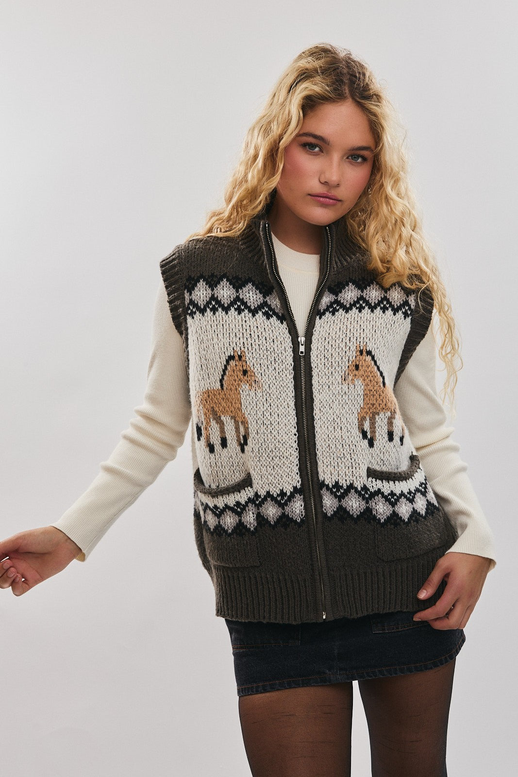 Frontier Charm Horse Knit Zip Vest-Vests-Krush Kandy, Women's Online Fashion Boutique Located in Phoenix, Arizona (Scottsdale Area)