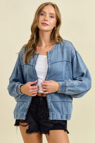 Denim Bomber Jacket with Zipper-Jackets-Krush Kandy, Women's Online Fashion Boutique Located in Phoenix, Arizona (Scottsdale Area)