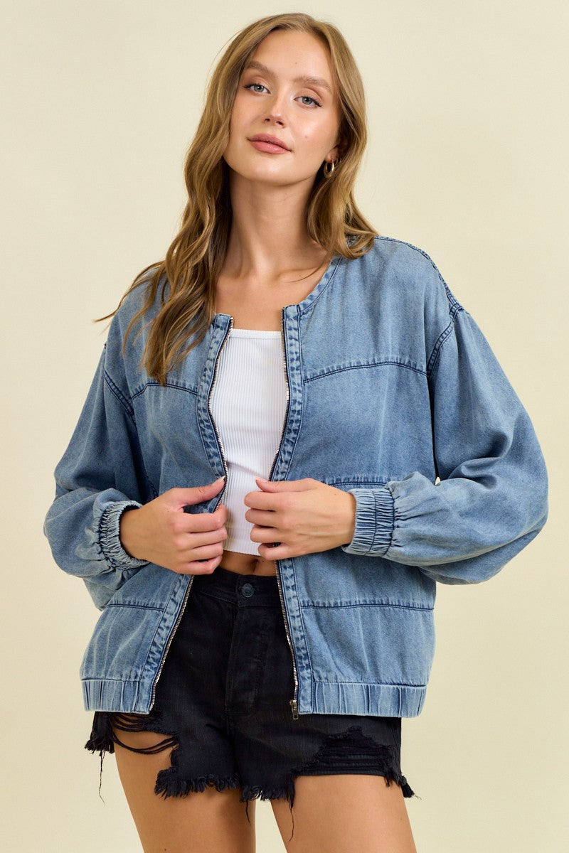 Denim Bomber Jacket with Zipper-Jackets-Krush Kandy, Women's Online Fashion Boutique Located in Phoenix, Arizona (Scottsdale Area)